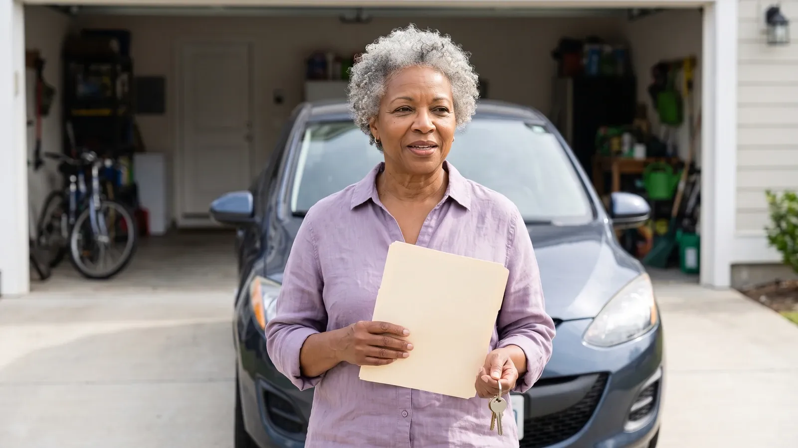 Car owner holding keys and paperwork beside a compact car.