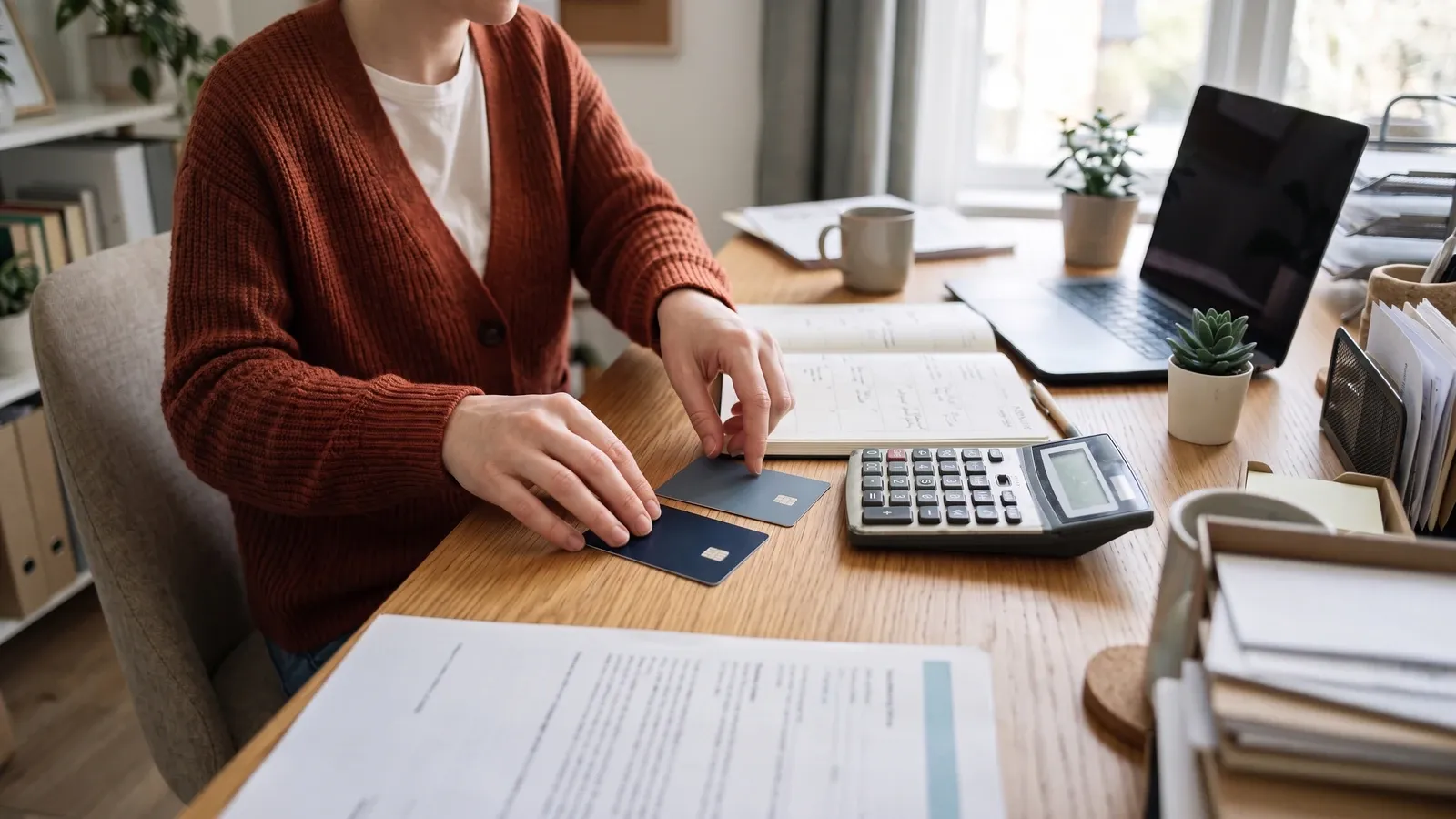 Credit cards beside a monthly planner and calculator.