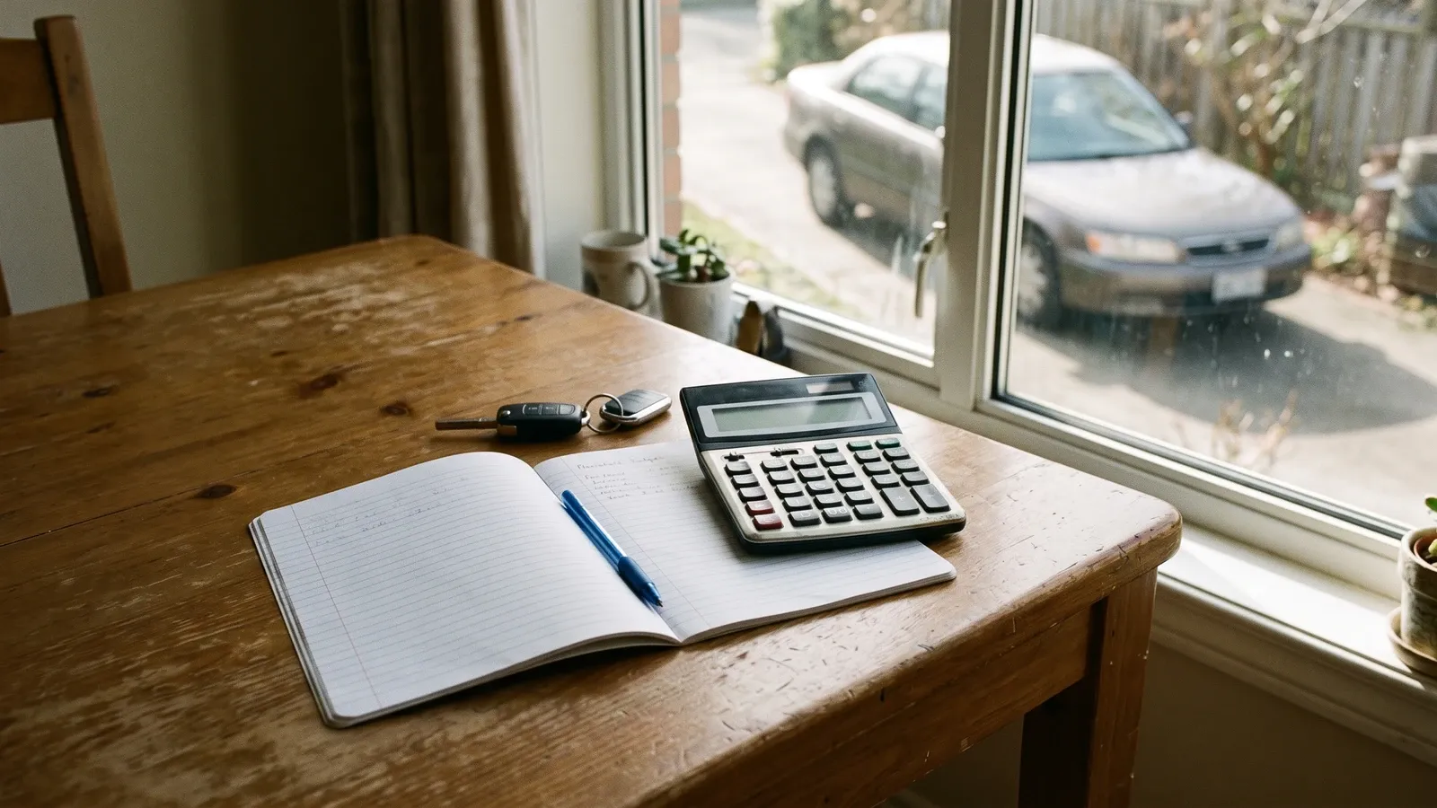 Calculator and car keys beside a household-budget notebook.