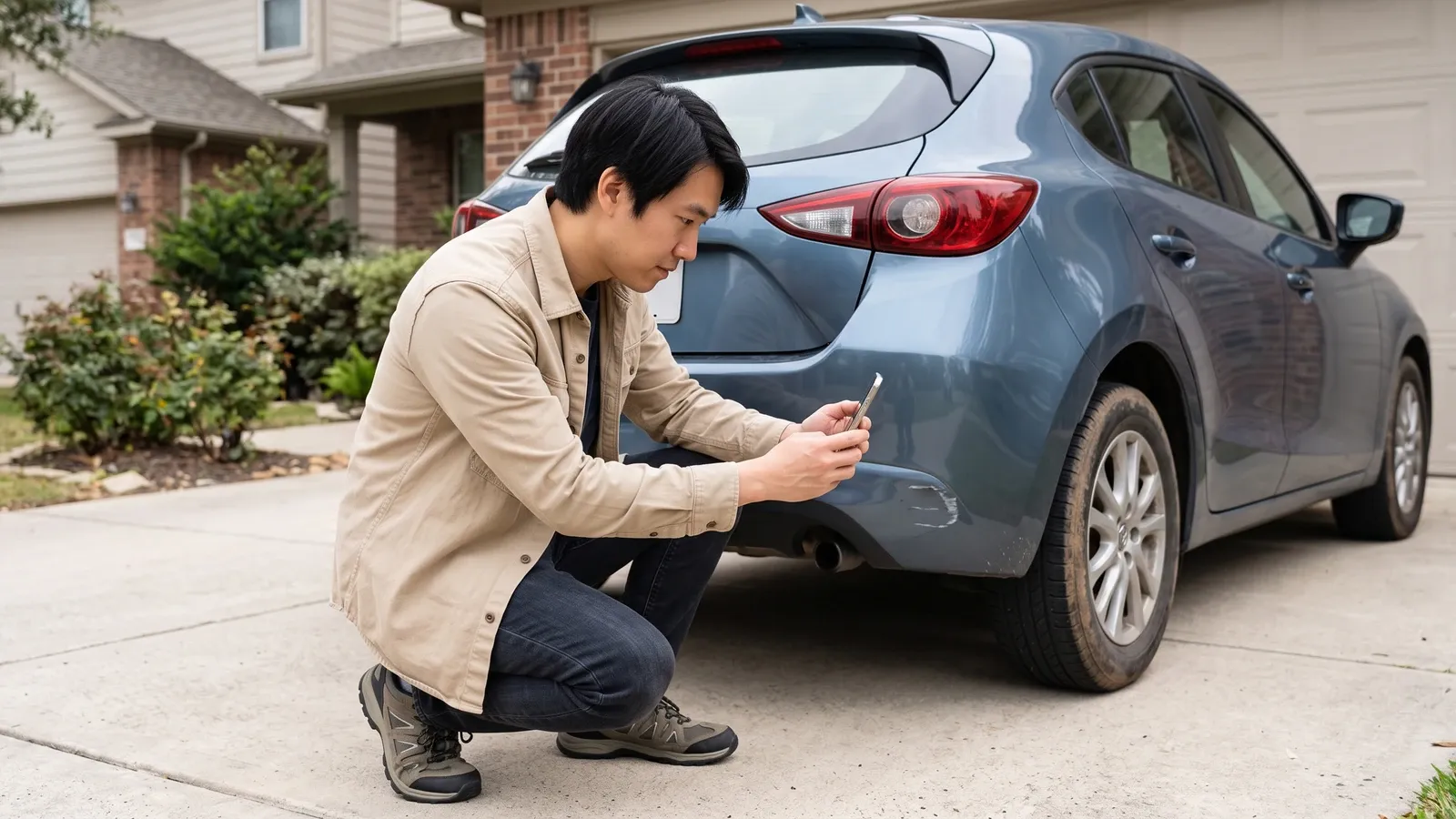 Driver photographing a small bumper scuff on a parked car.