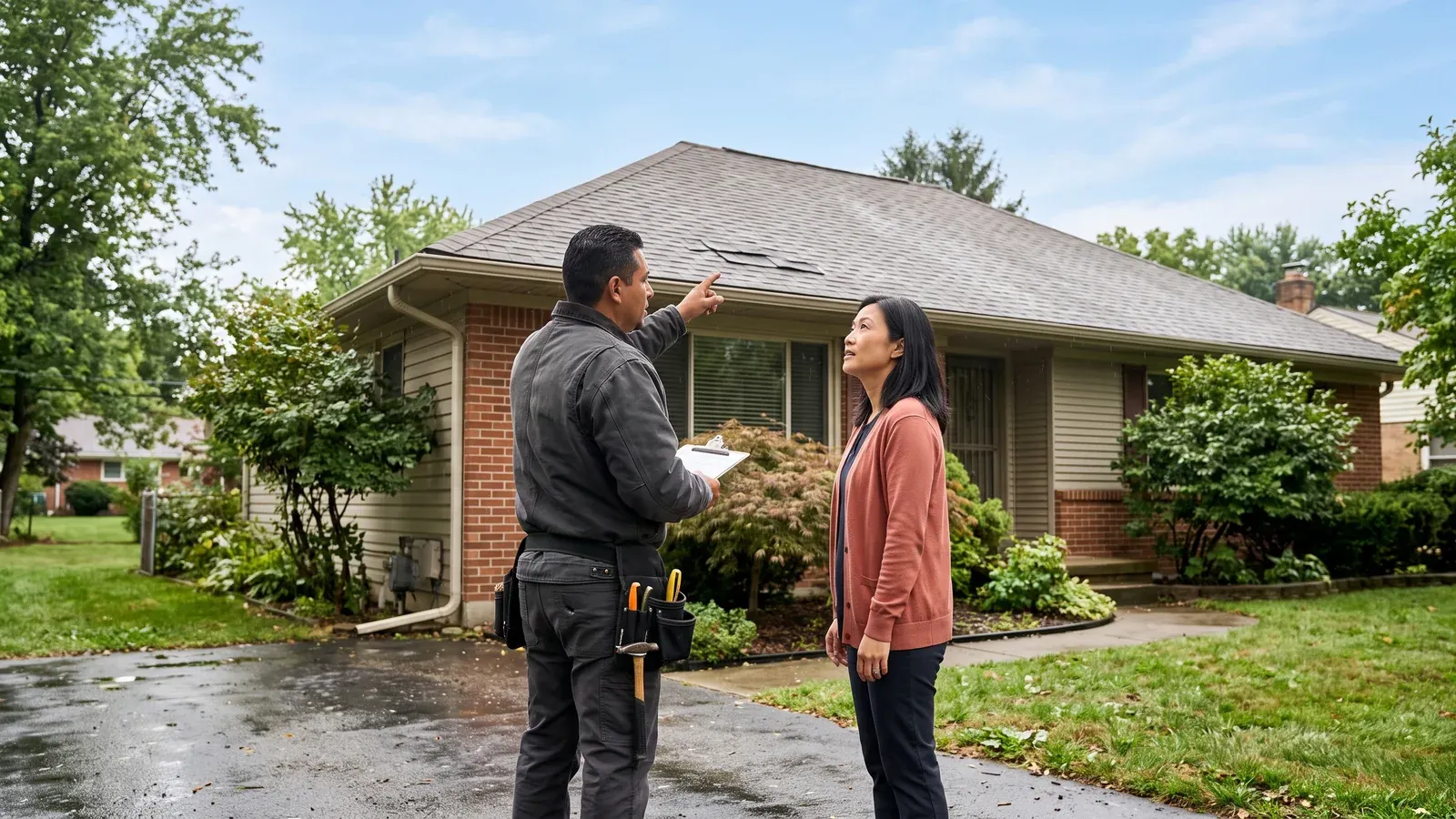 Roofer and homeowner discussing a small area of roof damage.
