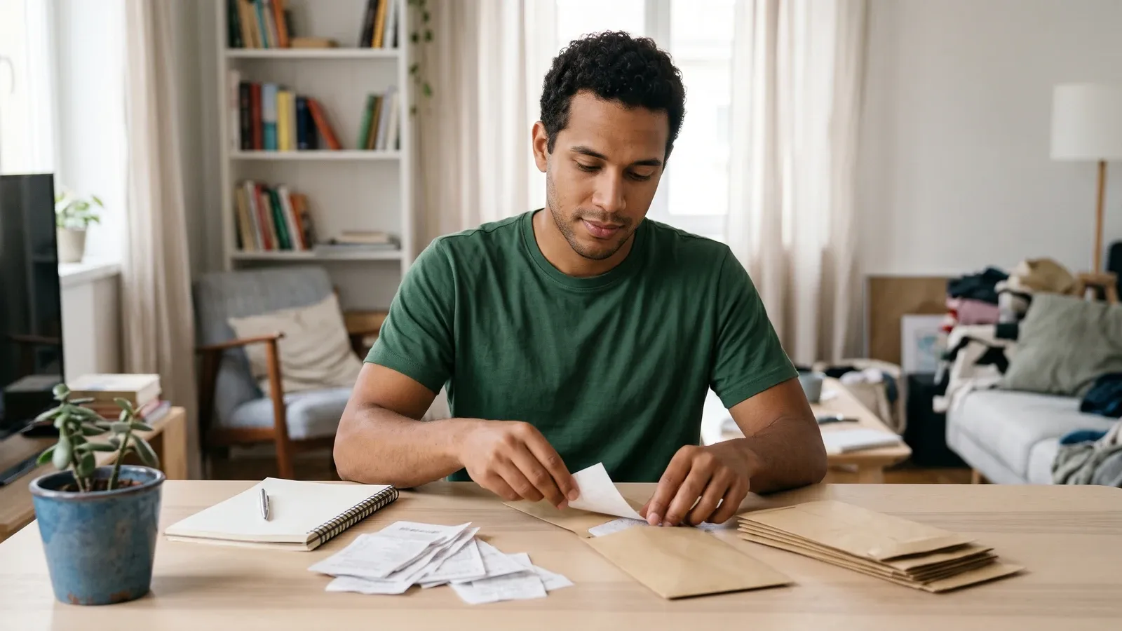 Person organizing receipts and payment envelopes at a desk.