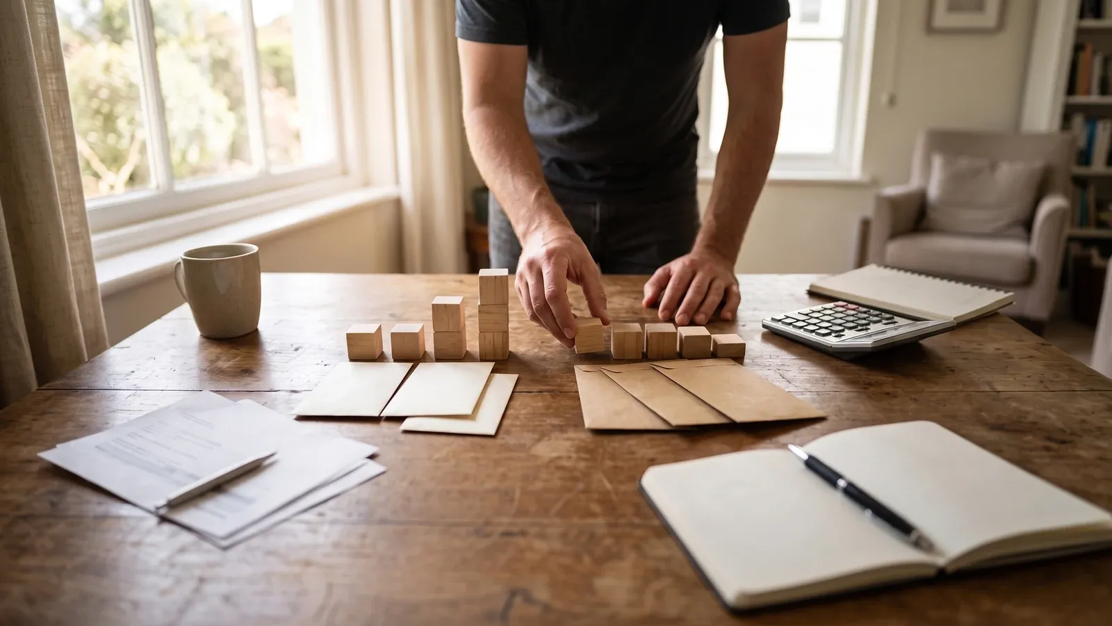 Wooden blocks and payment envelopes illustrating two repayment approaches.