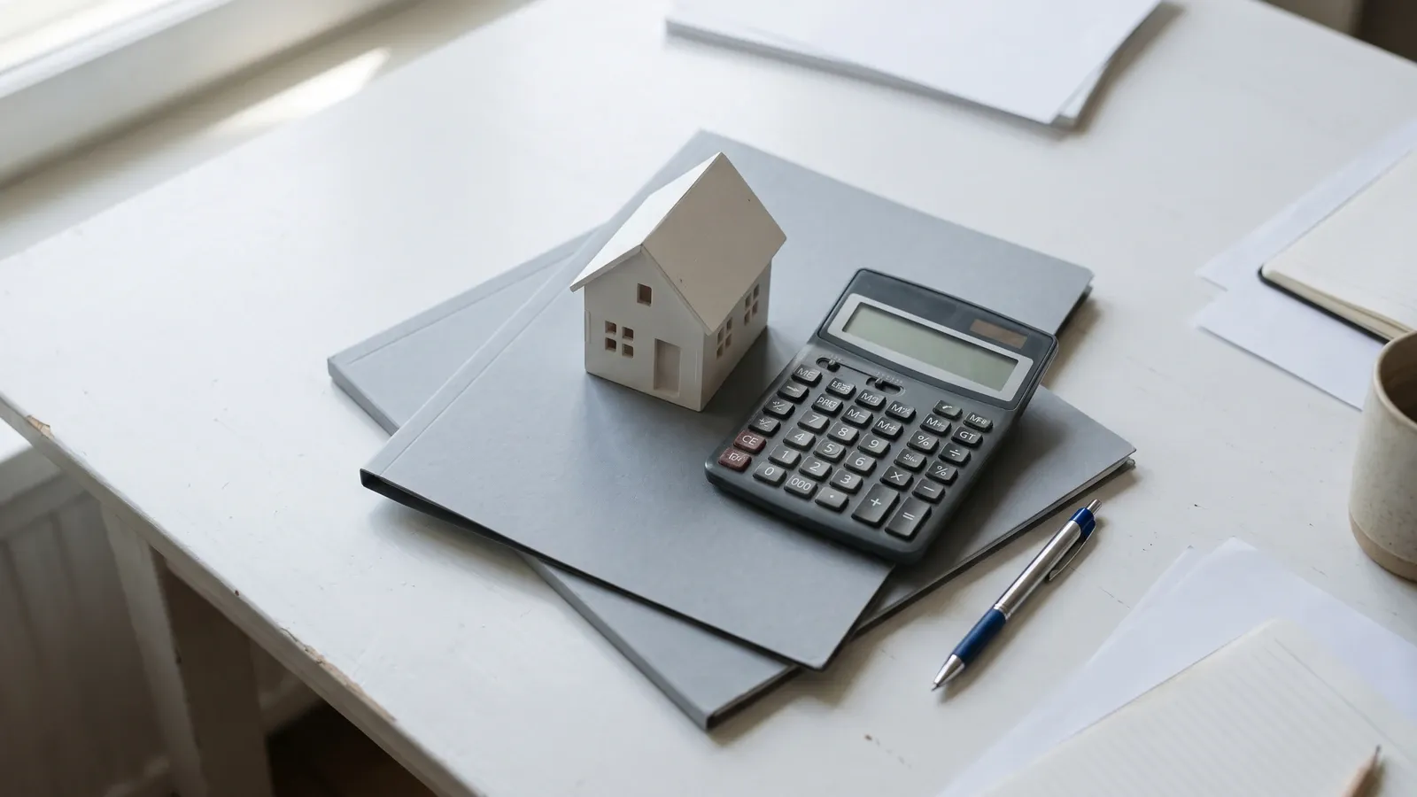 Mortgage folders and a house model beside a calculator.