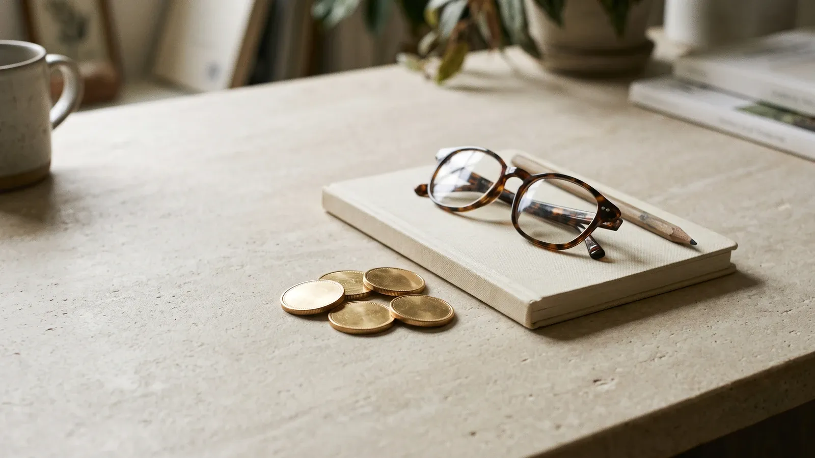 Gold coins with a notebook and reading glasses.