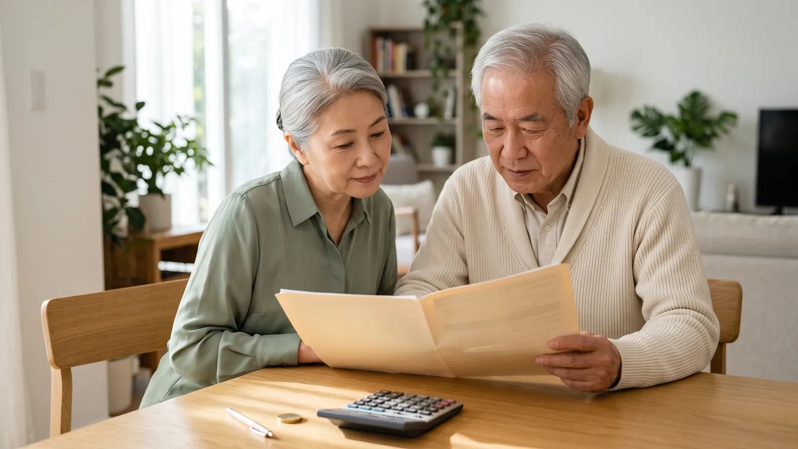 Couple reviewing retirement paperwork with a gold coin nearby.