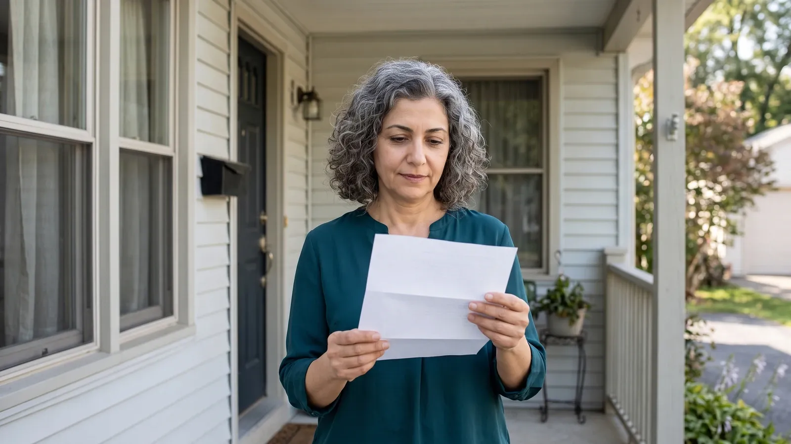 Homeowner reading an insurance letter on her front porch.