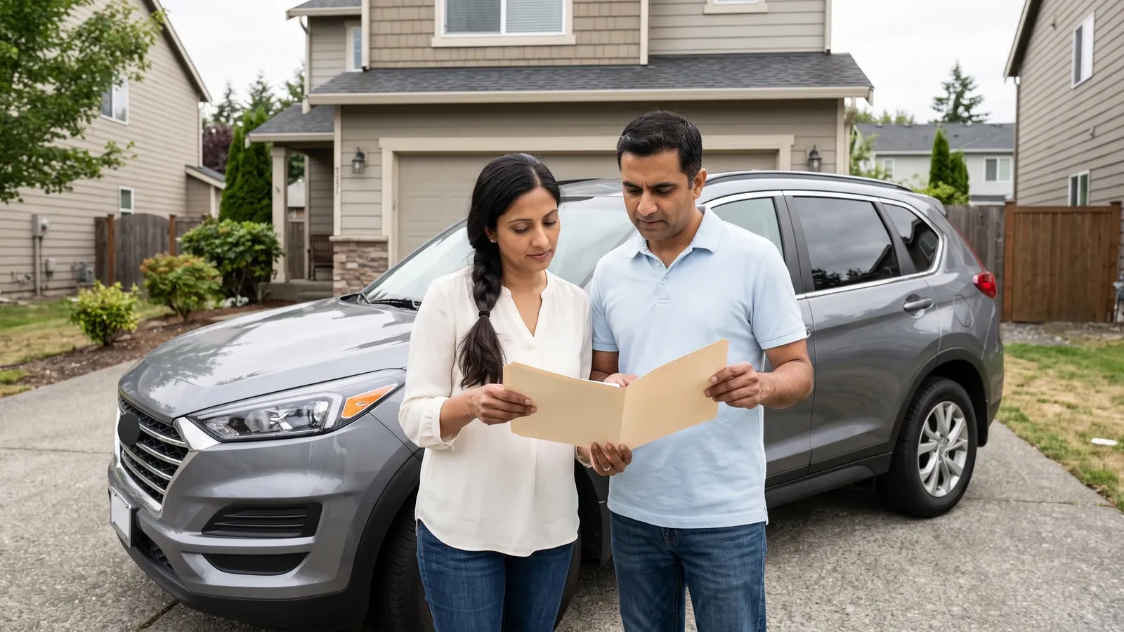 Couple reviewing insurance paperwork beside their vehicle.