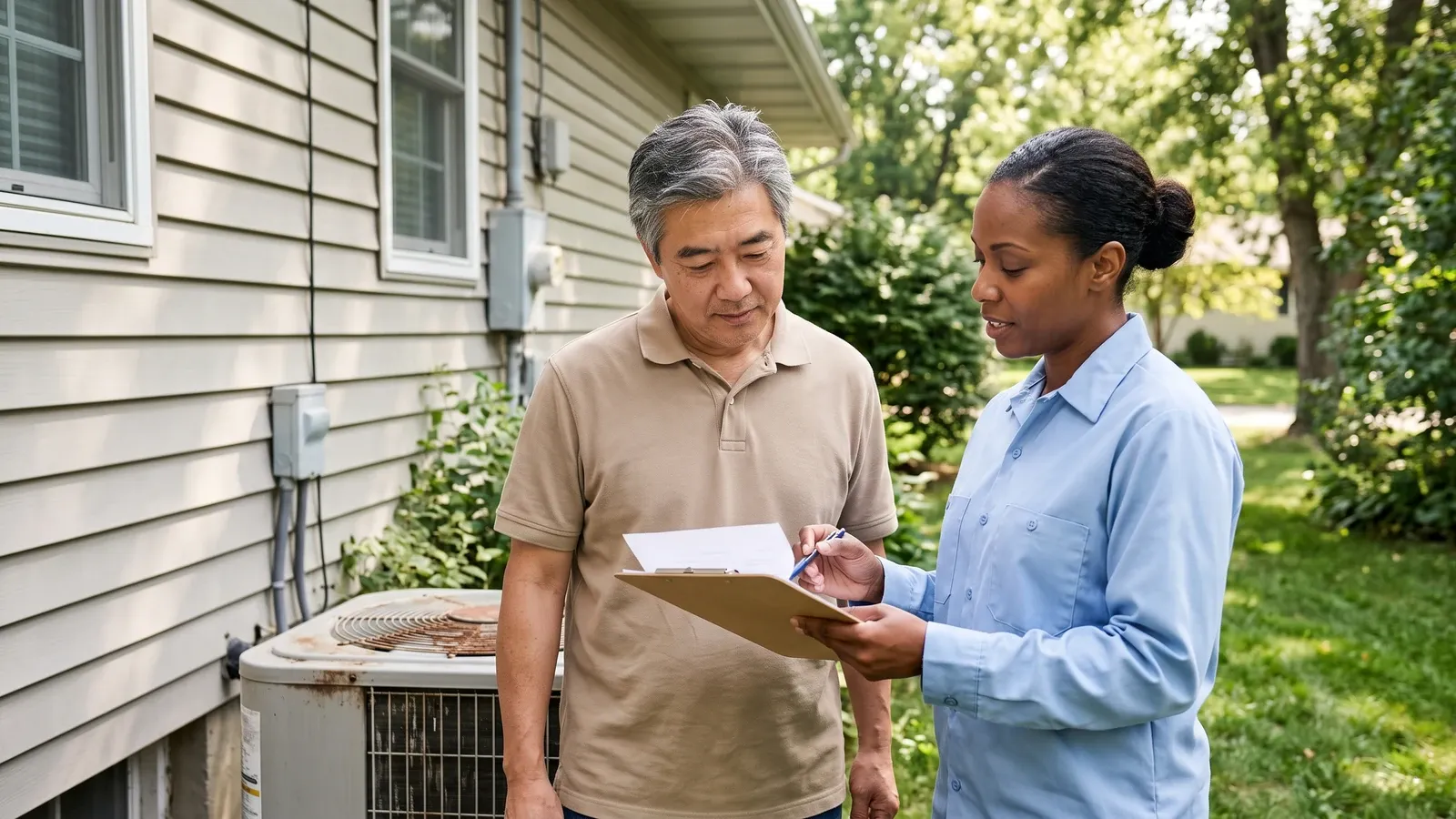 Homeowner discussing air-conditioning equipment with a technician.