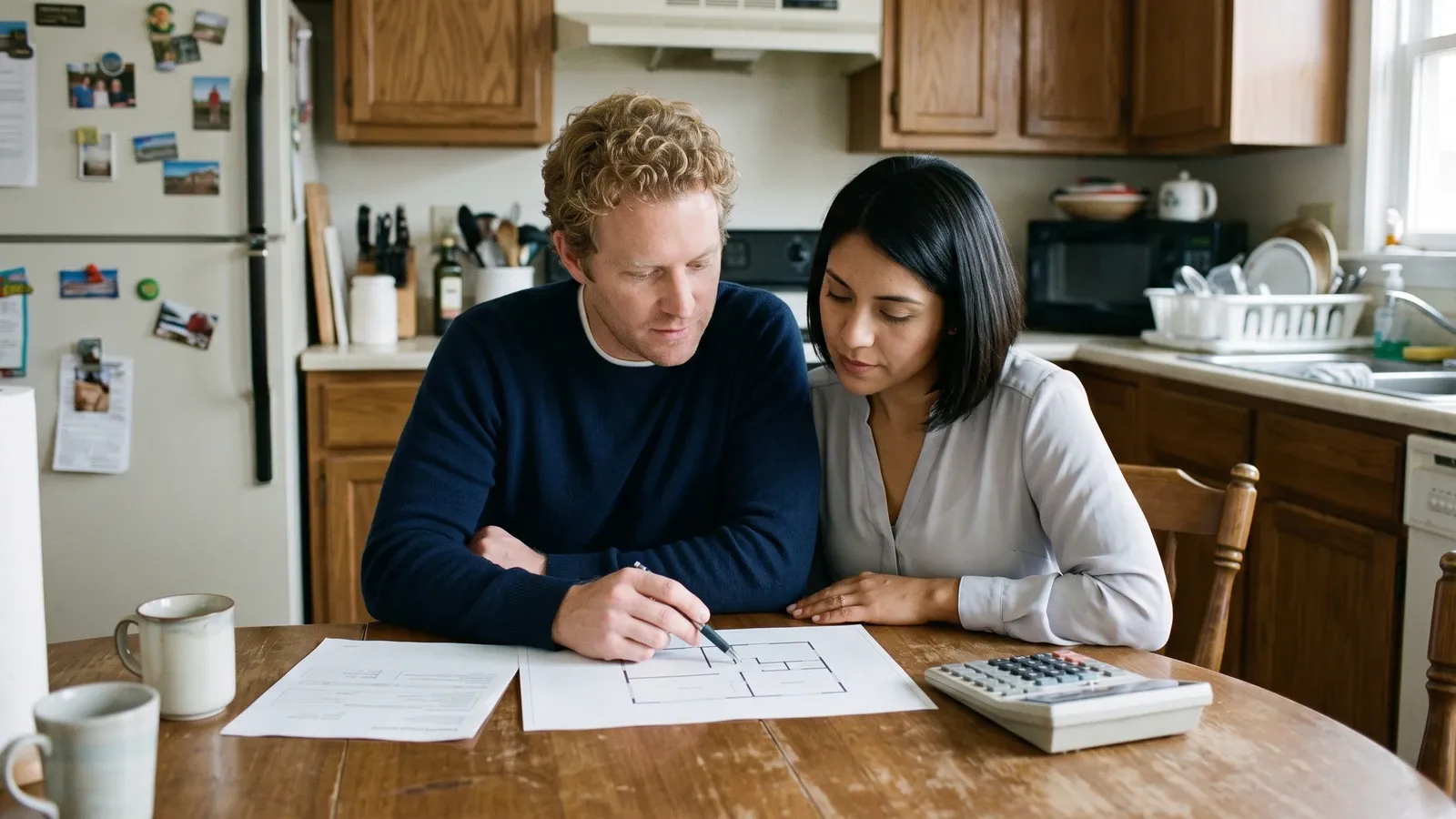 Couple reviewing renovation plans and financing paperwork.