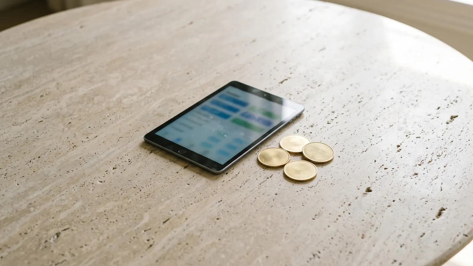 Gold coins beside a tablet representing digital investment options.