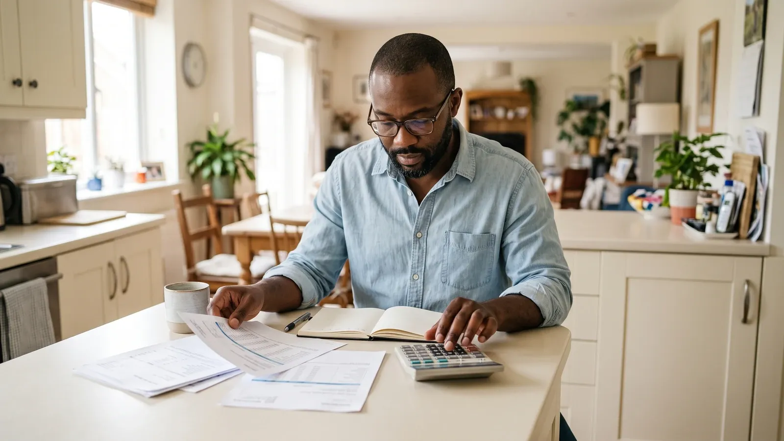 Homeowner reviewing mortgage paperwork with a calculator.