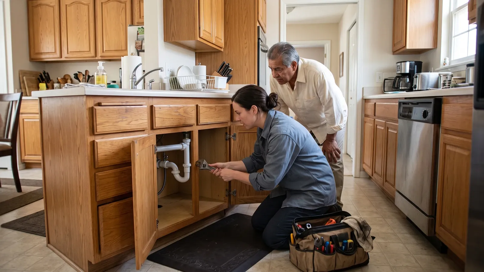 Plumber inspecting pipes beneath a kitchen sink.